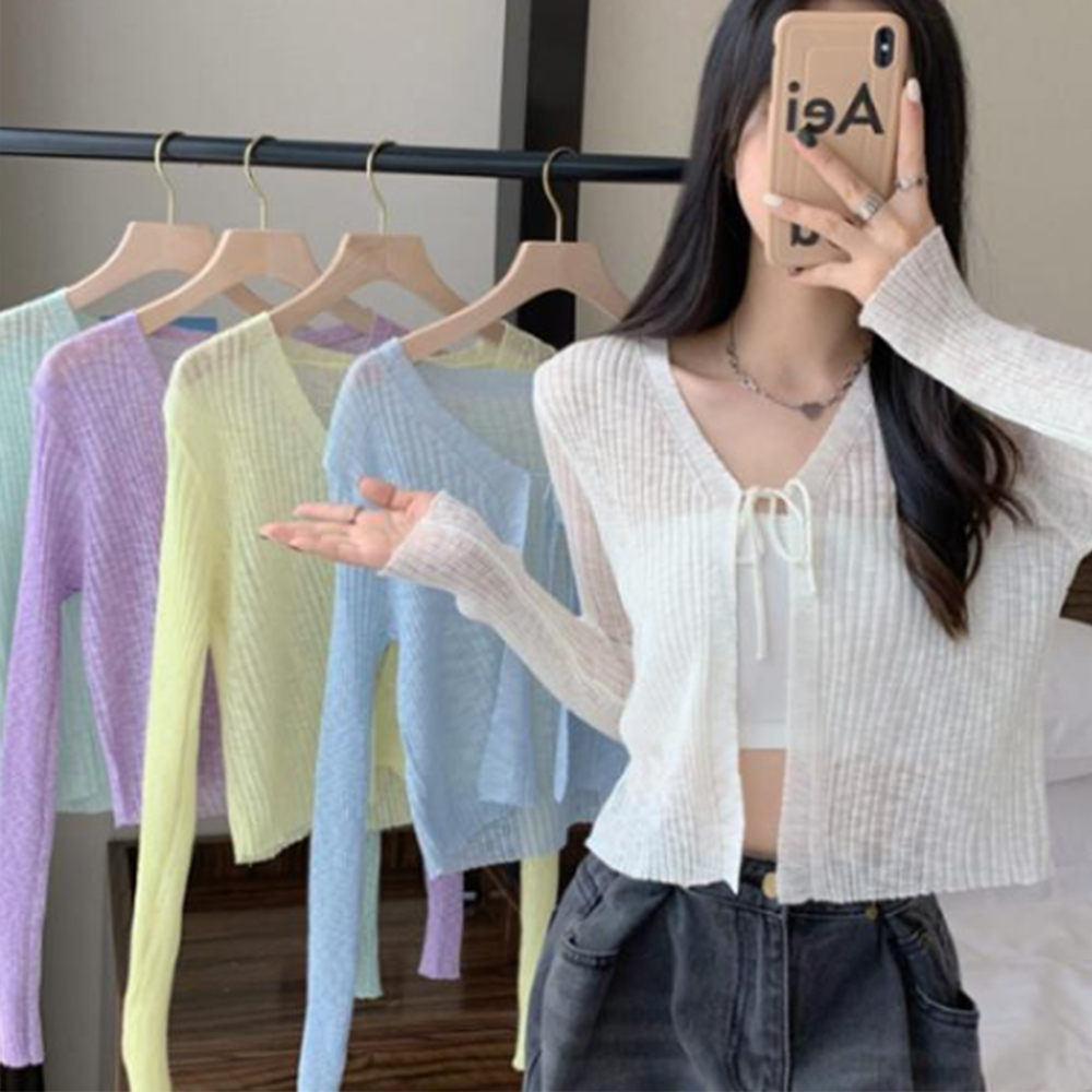 여름 가디건 여성 20대 비치 숏 데일리 간절기 봄 가을 얇은 여자 가벼운 긴팔 시스루 - 상품 이미지
