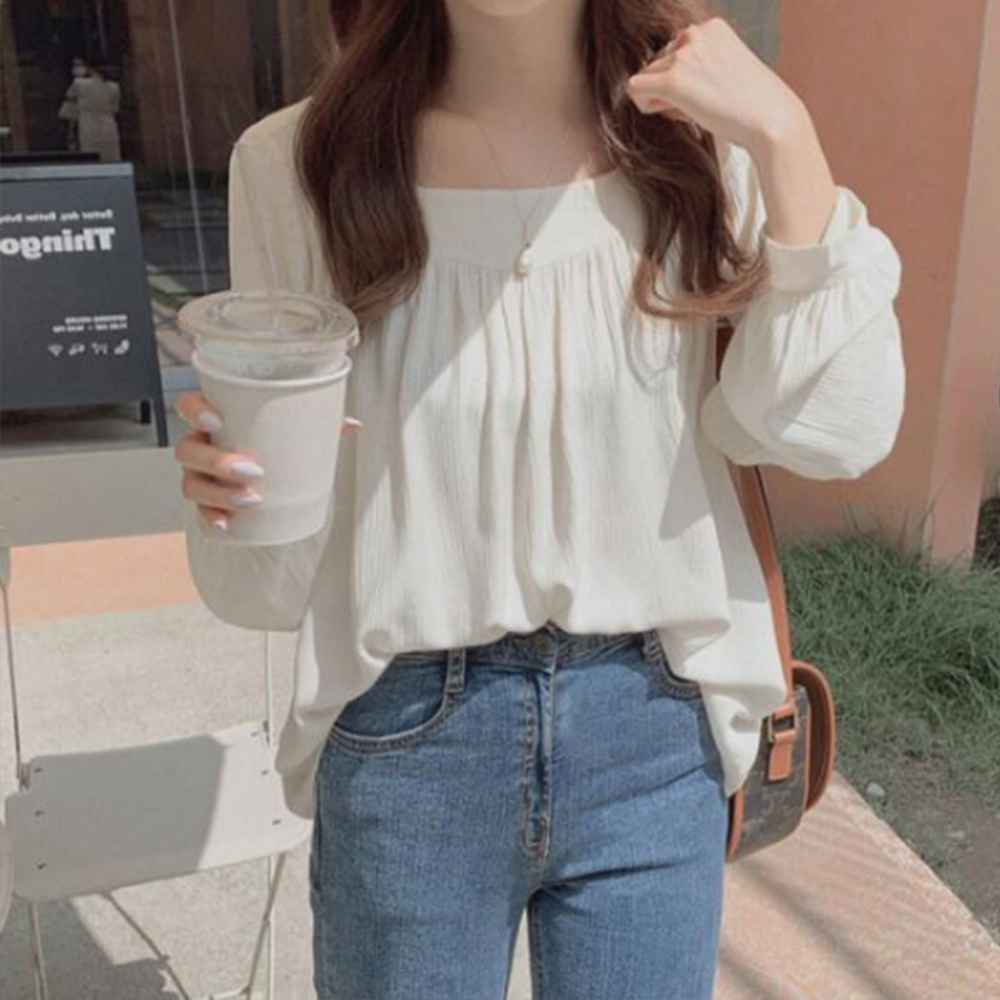 여자 블라우스 봄 가을 긴팔 여름 스퀘어넥 데이트 룩 데일리 상의 20대 무지 셔링 - 상품 이미지