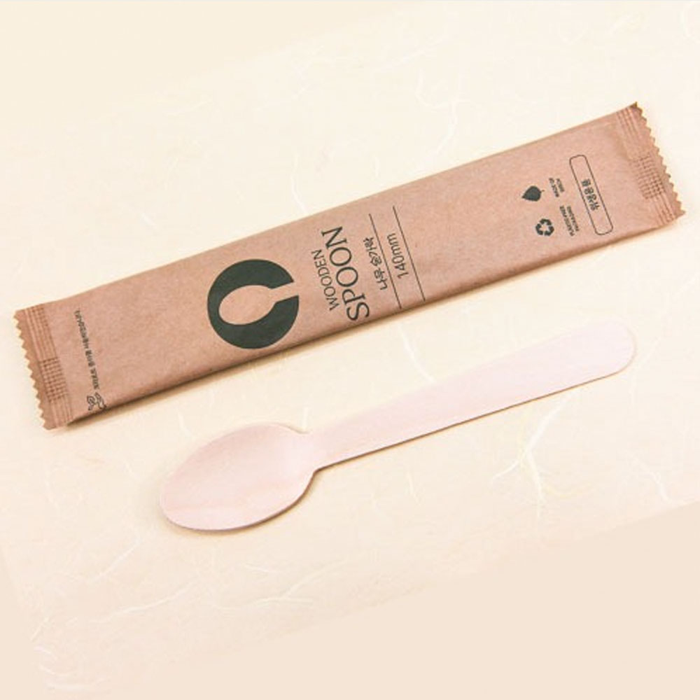 친환경 일회용 나무 스푼 160mm 100개 개별포장 - 메인 이미지