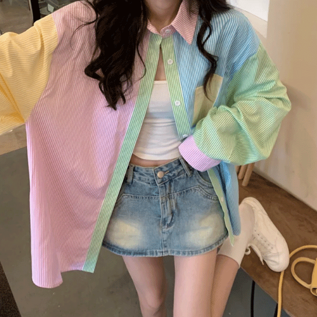 😍 단독진행 / 빅사이즈 😍파스텔 스트라이프 봄 여성 오버핏 남방 아우터 레이어드 빅사이즈 상세 이미지 19