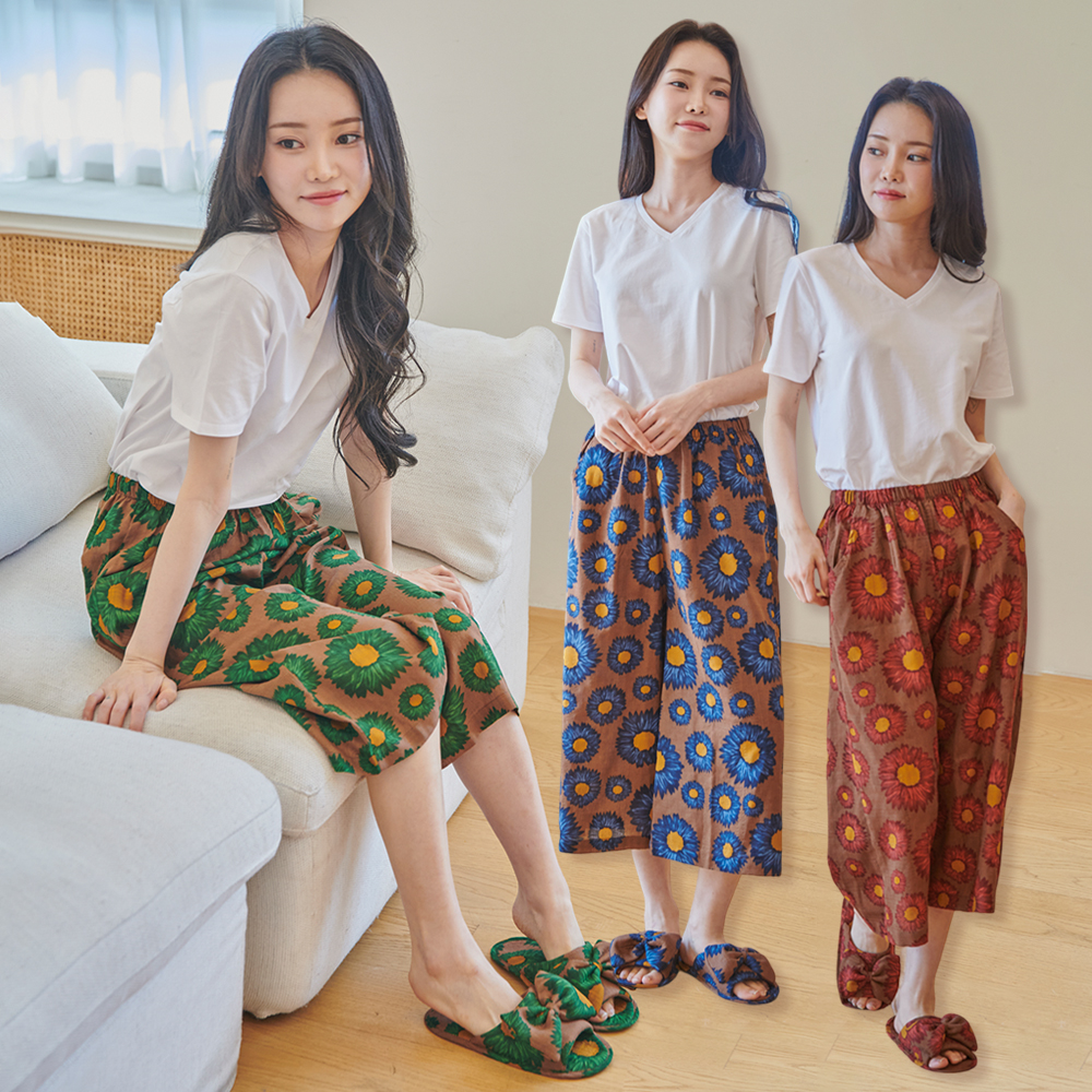 꽃무늬 파자마 잠옷 주머니 바지 여성 홈웨어 PJ와이드주머니(8부) - 메인 이미지