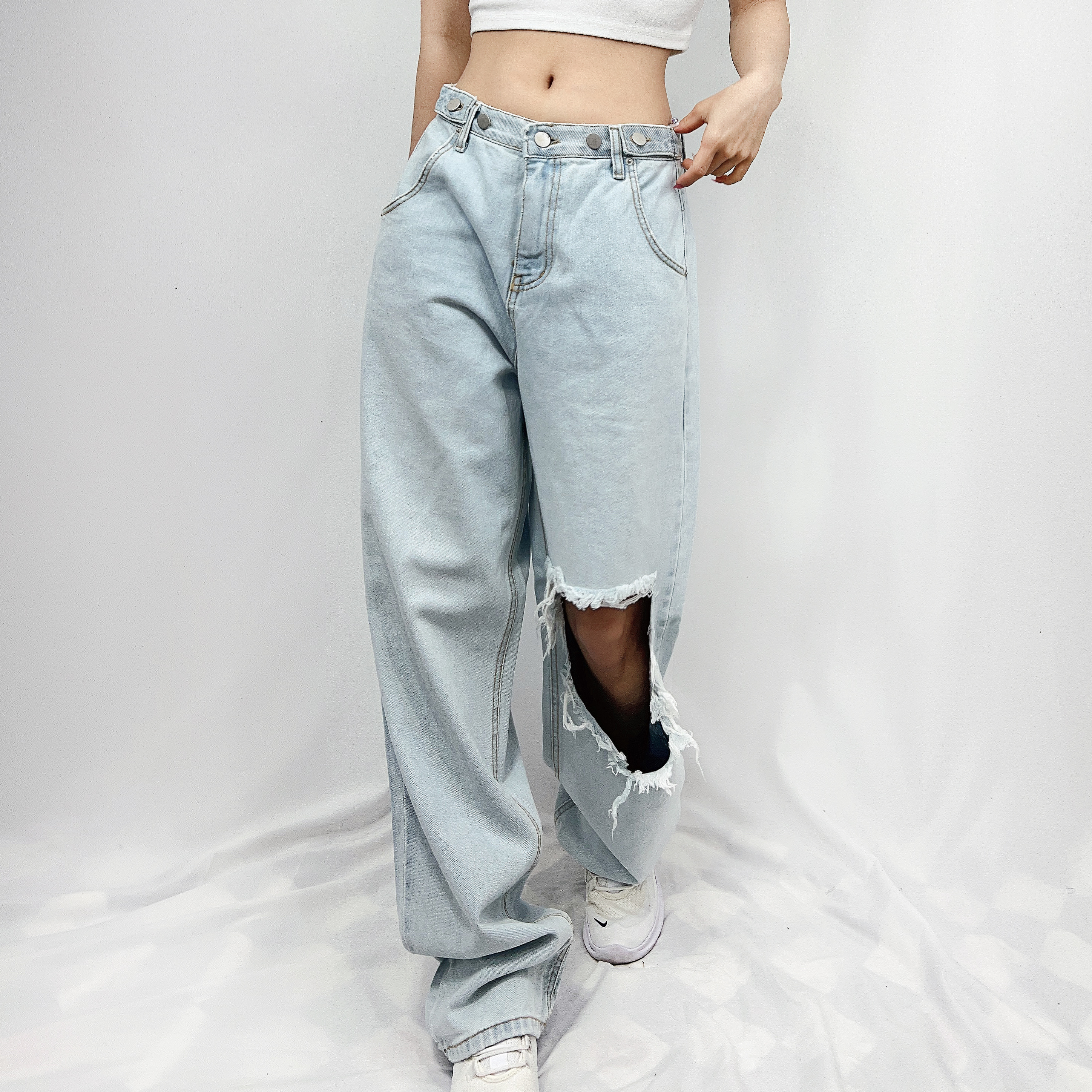 비죠 허리 벨티드 찢청 청바지 데님 와이드팬츠 (연청/진청) - 상세 이미지 5
