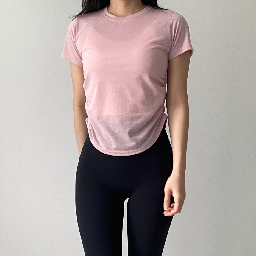 [1+1/허리💗잘록핏]밑단굴림 셔링 필라테스 발레코어 트레이닝 애슬레저 운동복 요가복 헬스복 상의 커버업 세미 크롭 반팔 티셔츠 발레리나티 숏슬리브 상세 이미지 34