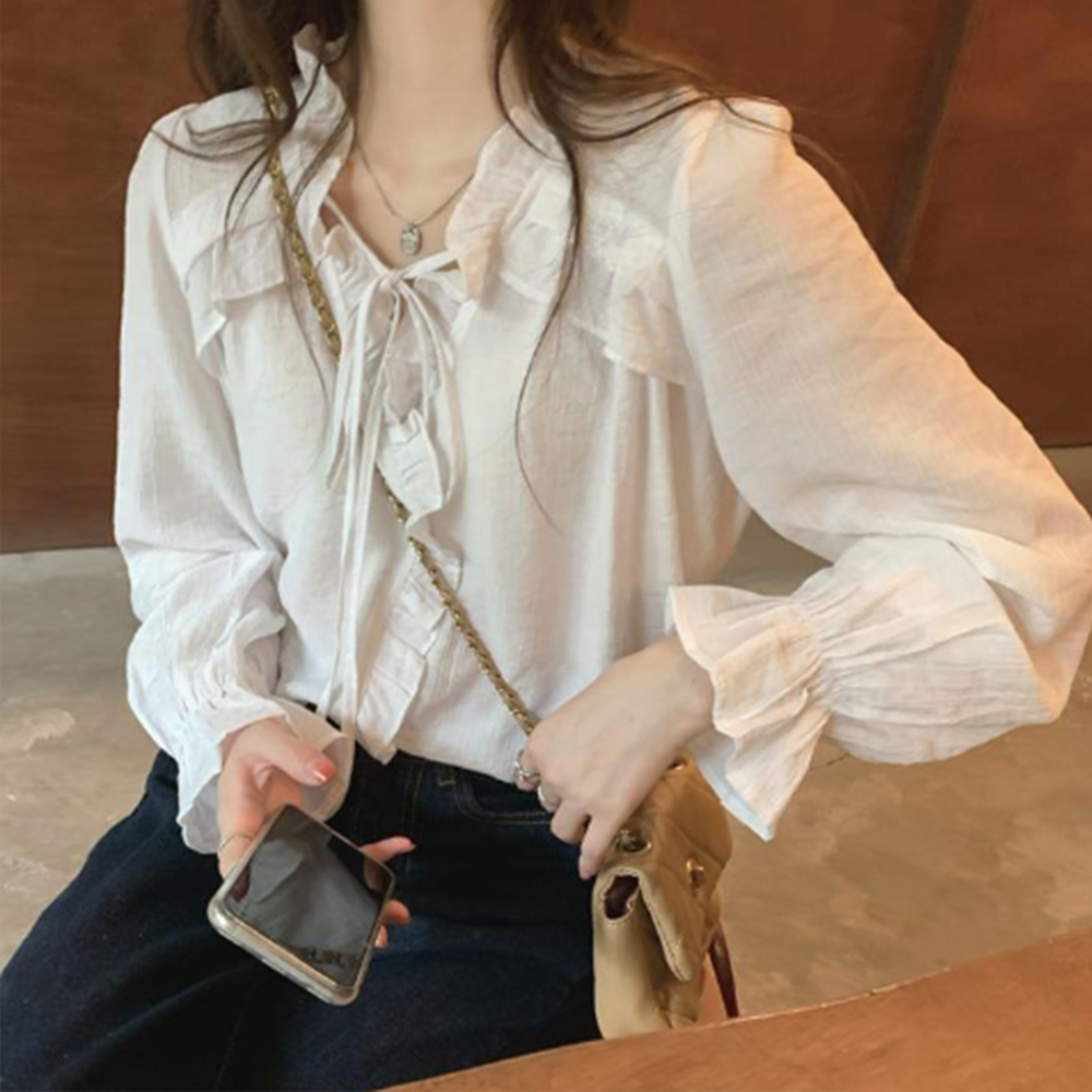 블라우스 긴팔 여성 캐쥬얼 출근 오피스 프릴 데일리 20대 봄 가을 여름 데이트 룩 흰색 - 상품 이미지