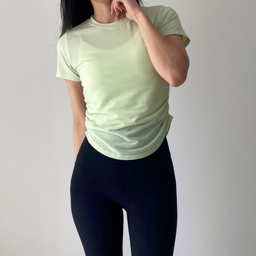 [1+1/허리💗잘록핏]밑단굴림 셔링 필라테스 발레코어 트레이닝 애슬레저 운동복 요가복 헬스복 상의 커버업 세미 크롭 반팔 티셔츠 발레리나티 숏슬리브 상세 이미지 18
