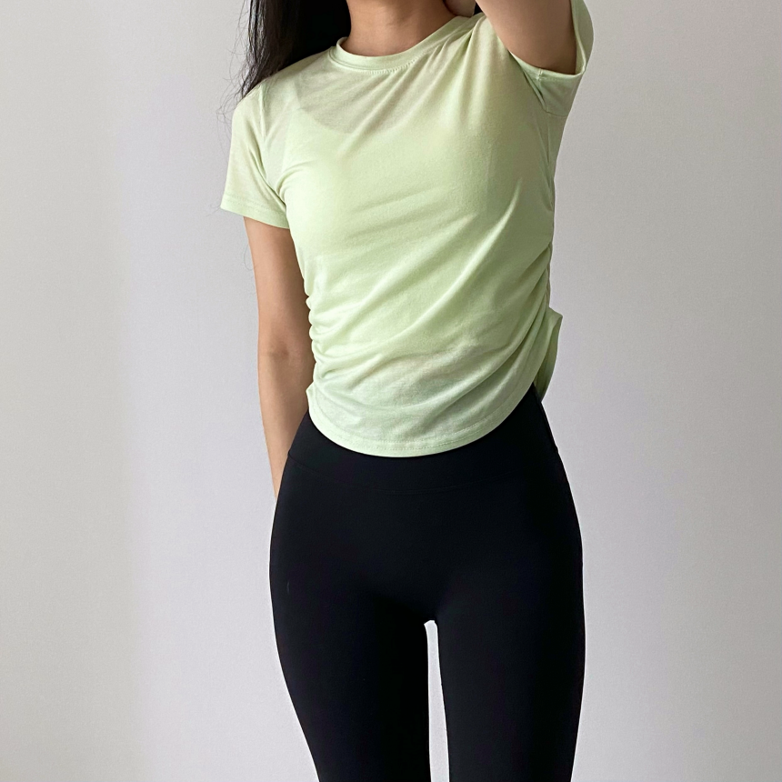 [1+1/허리💗잘록핏]밑단굴림 셔링 필라테스 발레코어 트레이닝 애슬레저 운동복 요가복 헬스복 상의 커버업 세미 크롭 반팔 티셔츠 발레리나티 숏슬리브 상세 이미지 22