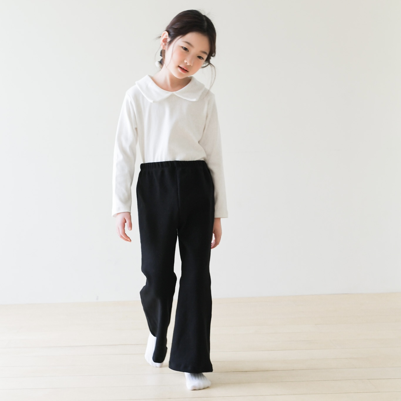 반나팔 나나 골지 슬랙스 여아 키즈 아동 브라운 블랙  루즈핏 면 긴바지 나팔바지 밴딩 - 상세 이미지 3