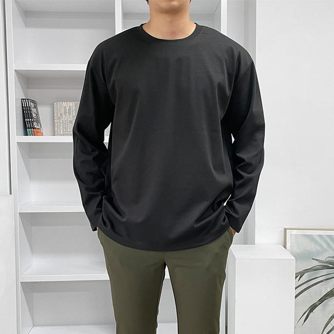 1+1 남자 호버 봄 가을 분또 면 무지 라운드 긴팔티셔츠 - 상품 이미지