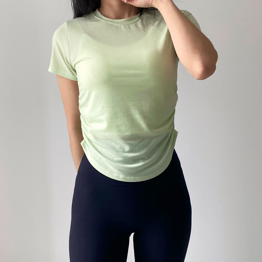 [1+1/허리💗잘록핏]밑단굴림 셔링 필라테스 발레코어 트레이닝 애슬레저 운동복 요가복 헬스복 상의 커버업 세미 크롭 반팔 티셔츠 발레리나티 숏슬리브 상세 이미지 15