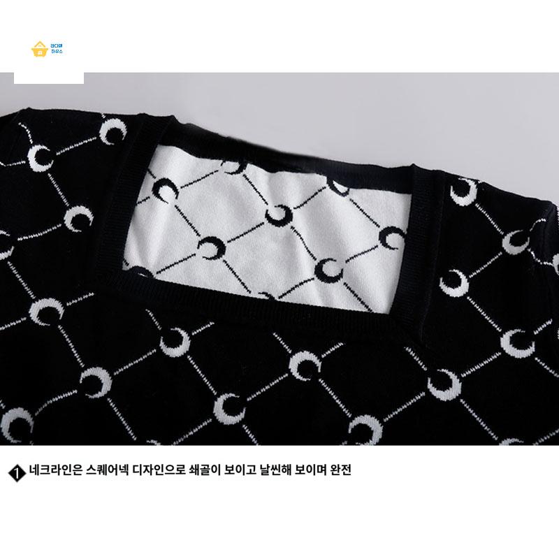 롱 패턴 원피스 스퀘어넥 초승달 블랙 니트 긴팔 클래식 - 상세 이미지 2