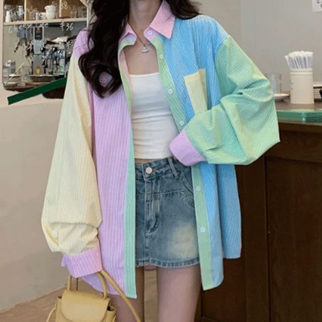 😍 단독진행 / 빅사이즈 😍파스텔 스트라이프 봄 여성 오버핏 남방 아우터 레이어드 빅사이즈 상세 이미지 16