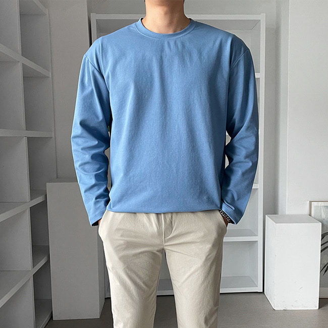 1+1 남자 호버 봄 가을 분또 면 무지 라운드 긴팔티셔츠 - 상세 이미지 2
