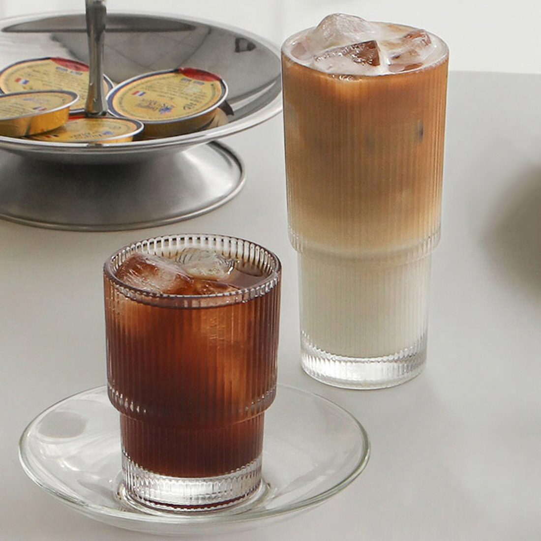 플리츠 스택 유리컵 플랫화이트 아인슈페너 아이스아메리카노 냉커피 유리잔 2size