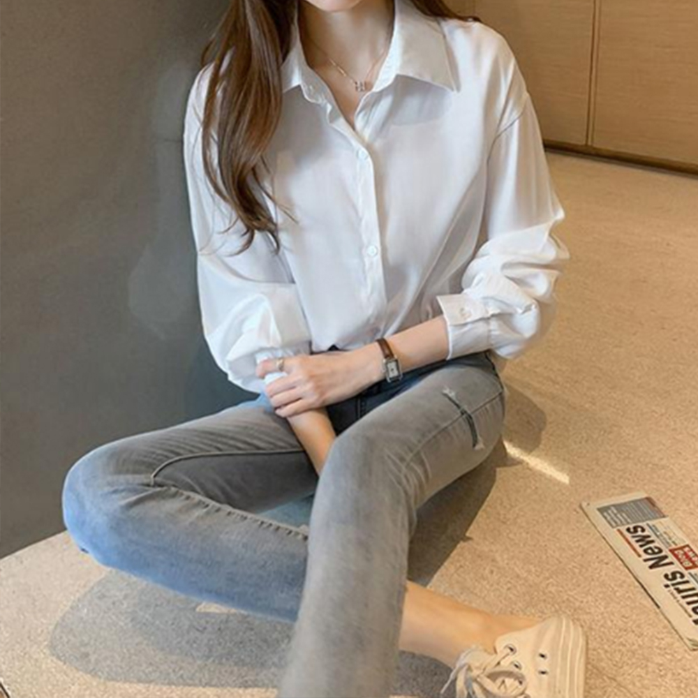 셔츠 블라우스 흰색 흰 데일리 30대 루즈핏 기본 봄 가을 여름 데이트 룩 여자 여성 - 상품 이미지