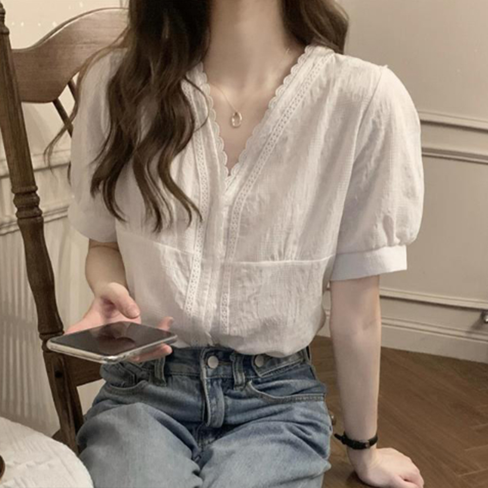 블라우스 반팔 여성 캐쥬얼 오피스 브이넥 데일리 20대 봄 가을 여름 데이트 룩 흰색 - 상품 이미지
