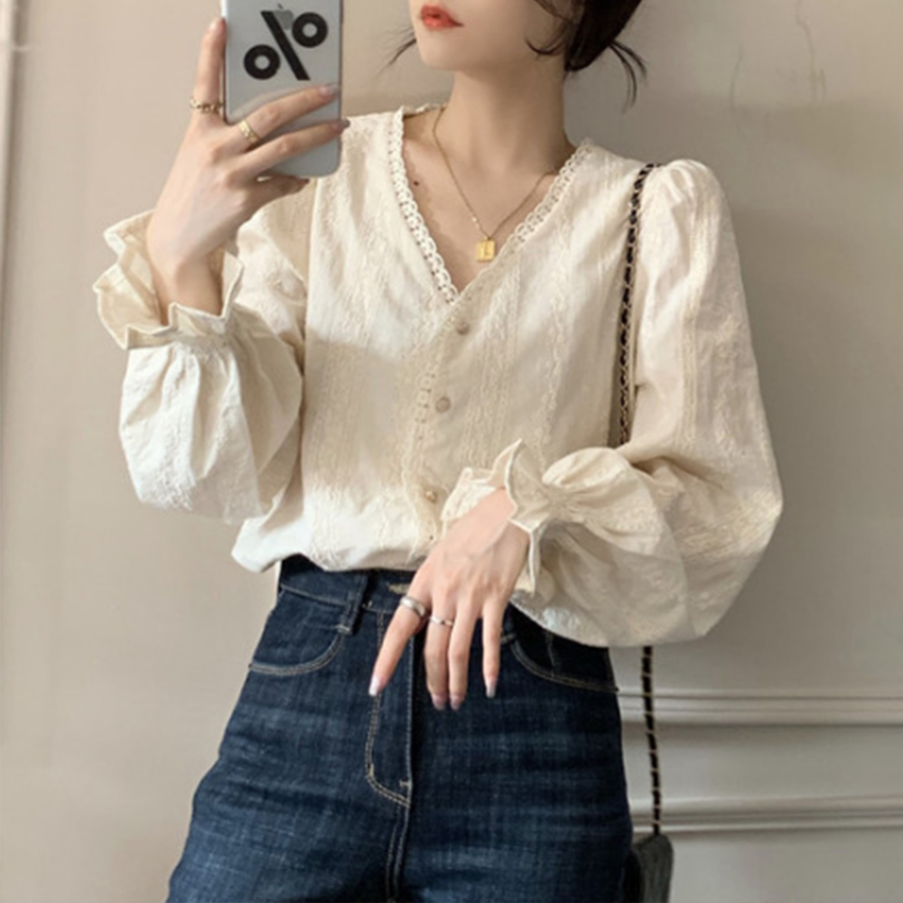 블라우스 데일리 20대 브이넥 긴팔 출근 오피스 봄 가을 여름 데이트 룩 여자 여성 - 상품 이미지