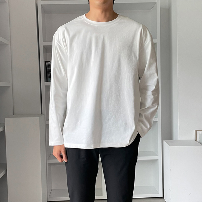 1+1 남자 호버 봄 가을 분또 면 무지 라운드 긴팔티셔츠 - 상세 이미지 3