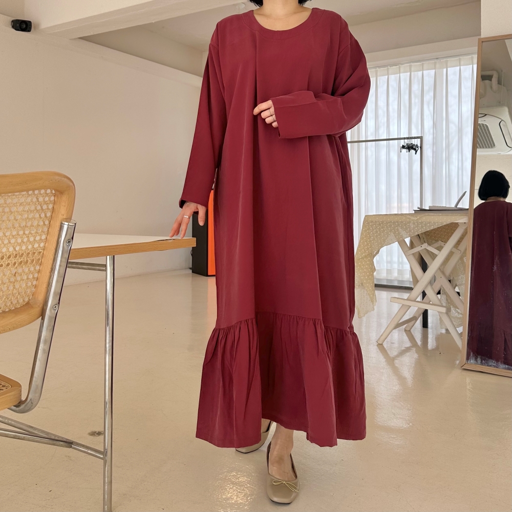 빅사이즈 자체제작 H라인 밑단 프릴 맥시 롱 원피스 긴팔 박시핏 하객 임산부 오피스 정장