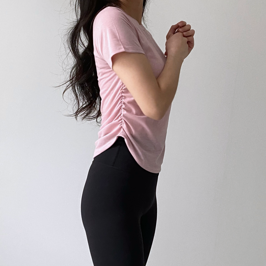 [1+1/허리💗잘록핏]밑단굴림 셔링 필라테스 발레코어 트레이닝 애슬레저 운동복 요가복 헬스복 상의 커버업 세미 크롭 반팔 티셔츠 발레리나티 숏슬리브 상세 이미지 35