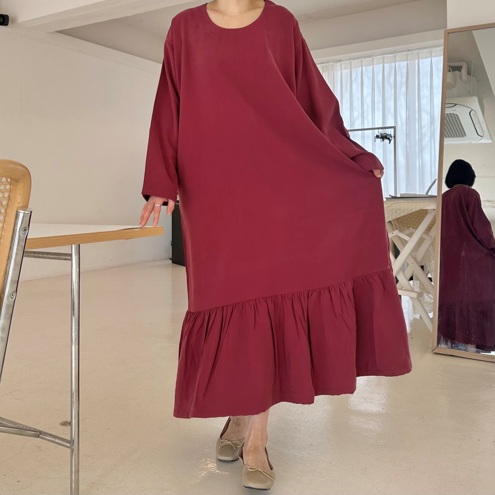 빅사이즈 자체제작 H라인 밑단 프릴 맥시 롱 원피스 긴팔 박시핏 하객 임산부 오피스 정장