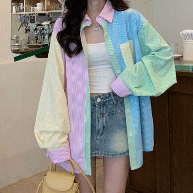 😍 단독진행 / 빅사이즈 😍파스텔 스트라이프 봄 여성 오버핏 남방 아우터 레이어드 빅사이즈 상세 이미지 17