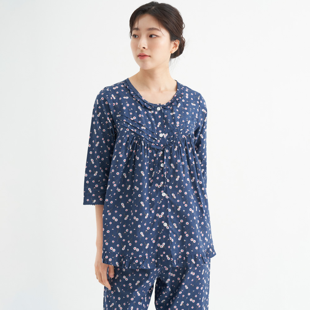 네이비샤론 여성 순면 7부 봄 가을 잠옷 파자마 홈웨어 세트 - 상품 이미지