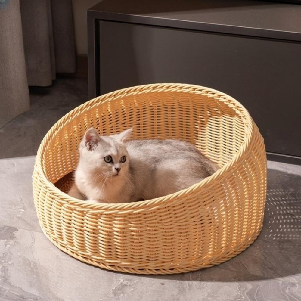 고양이 라탄바구니 강아지 바구니 원형 캣집 쿠션 침대 하우스 등나무 반려동물 - 상품 이미지