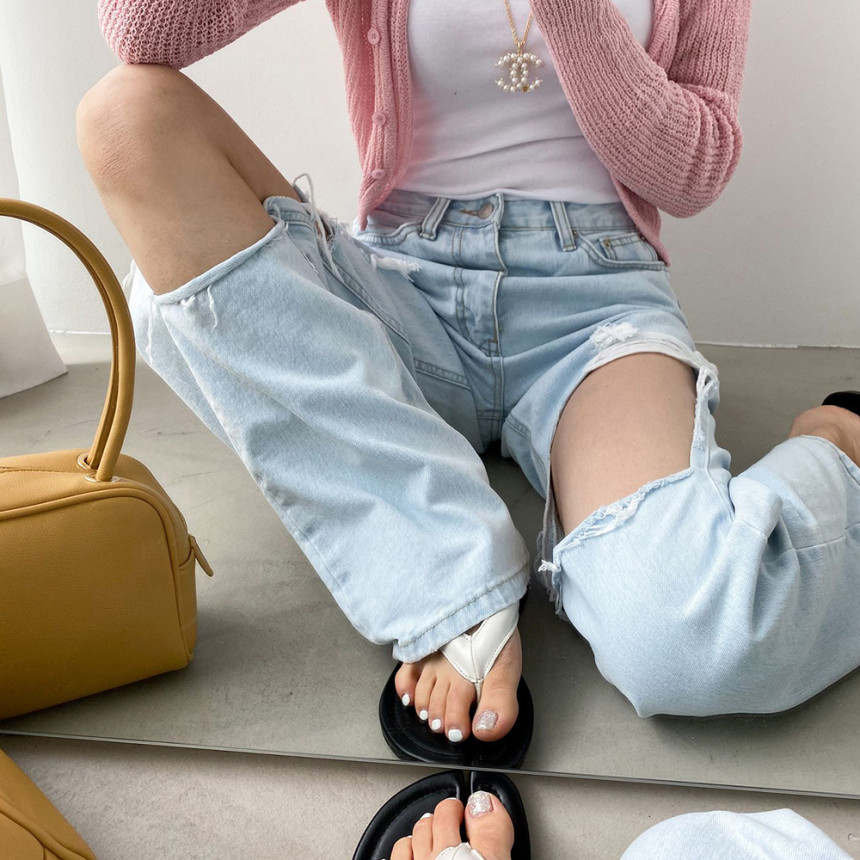 찢청 여성 세미와이드청바지 여름 찢어진 연청바지 코디