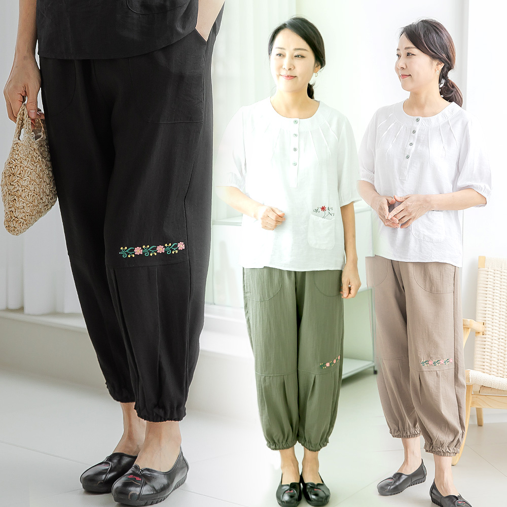 여성 인견 자수 항아리바지 밴딩 8부 고쟁이 몸빼 바지 체형커버 팬츠 플라워패턴 절복 하의 법복 - 상품 이미지