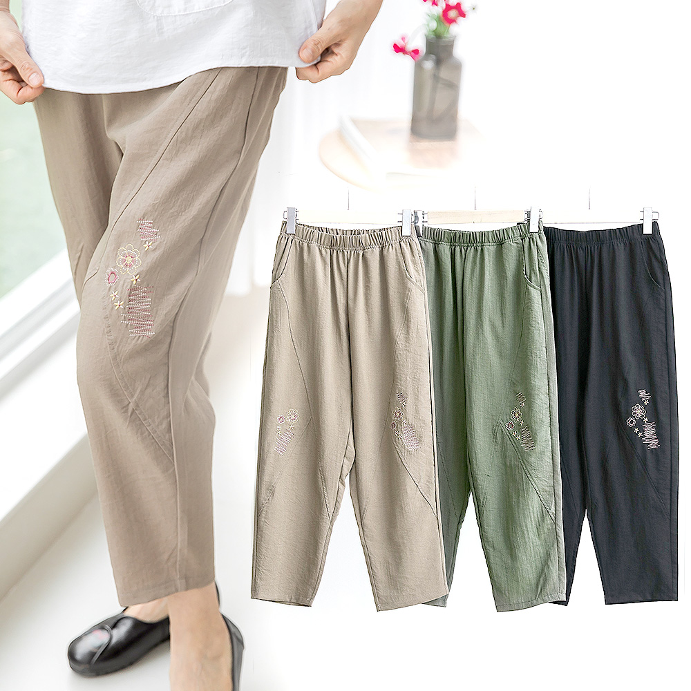 여름 인견 밴딩 배기바지 8부 체형커버 꽃자수 시원한 촉감 주머니 포켓 절복 하의 법복 - 상품 이미지