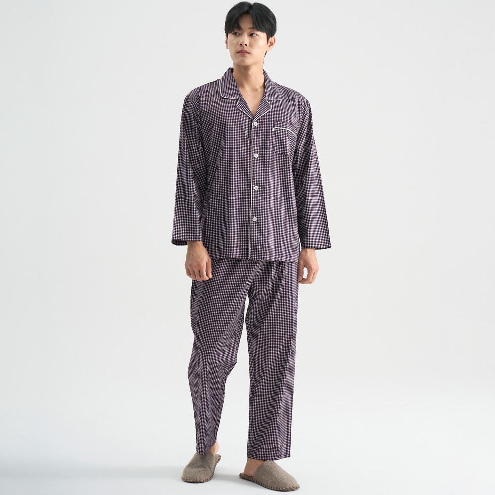 버팔로잔체크 긴팔 주자 순면 빅사이즈 남자 잠옷 파자마 세트 이미지 4