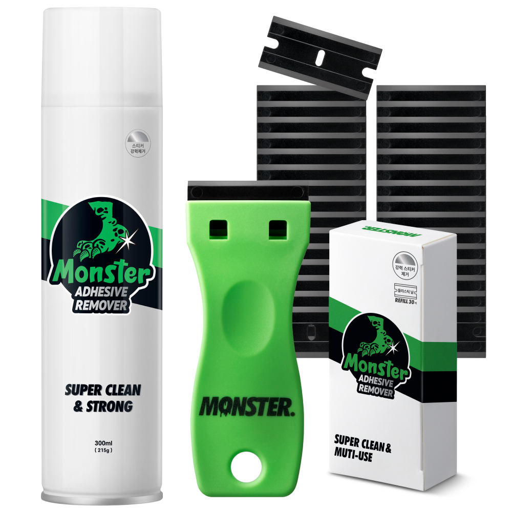 몬스터 겔 엑스퍼트 스티커 타르 자국 제거 2종 세트 (스티커 제거제 300ml+스크래퍼+교체형 칼날 30p) 제품 이미지