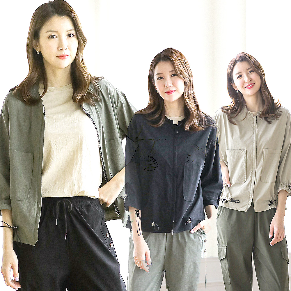 여성 얇은 인견 스판 단색 블루종 여름 자켓 8부 소매 집업 스트링 포인트 바람막이 점퍼 - 상세 이미지 2
