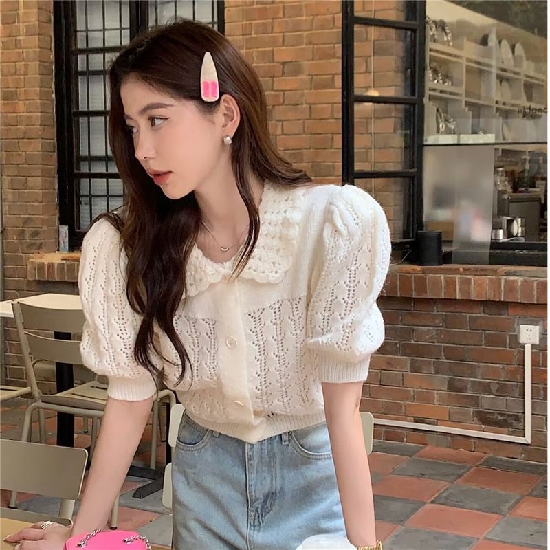 여성 화이트 기본 반팔티 빅사이즈 데일리룩 카라 반팔 니트티 - 메인 이미지