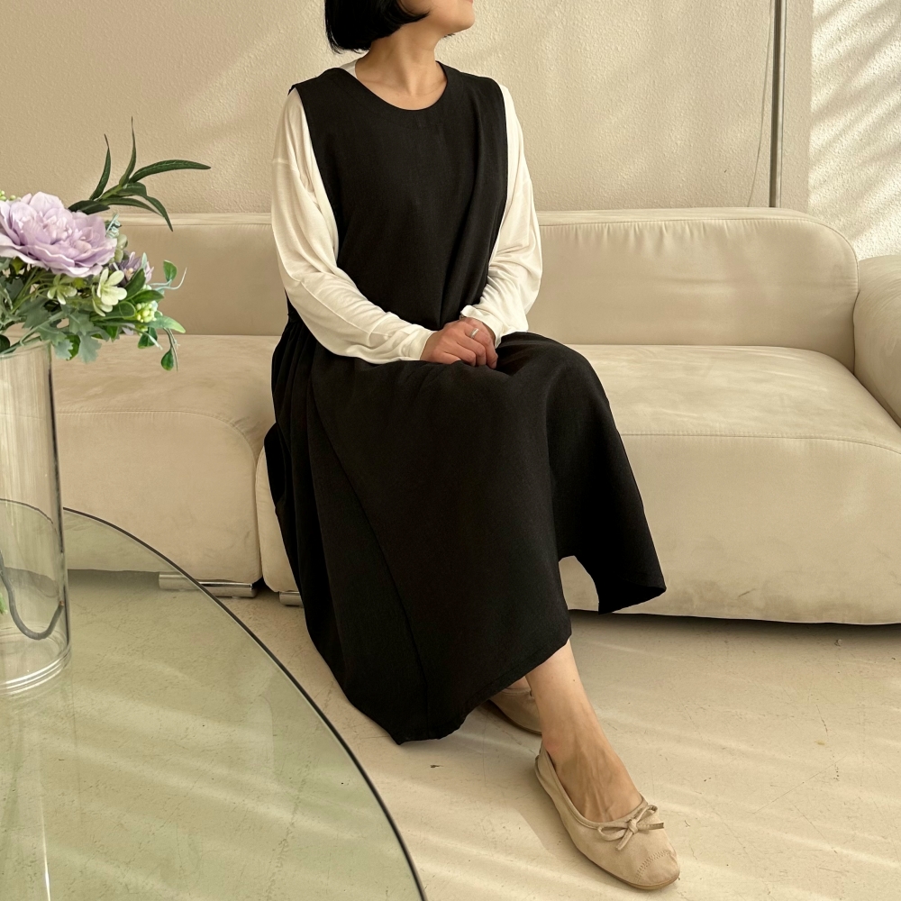 빅사이즈 자체체작 뷔스티에 에이프런 A라인 셔링 원피스+레이어드 텐셀 긴팔 티셔츠 세트 - 상세 이미지 2