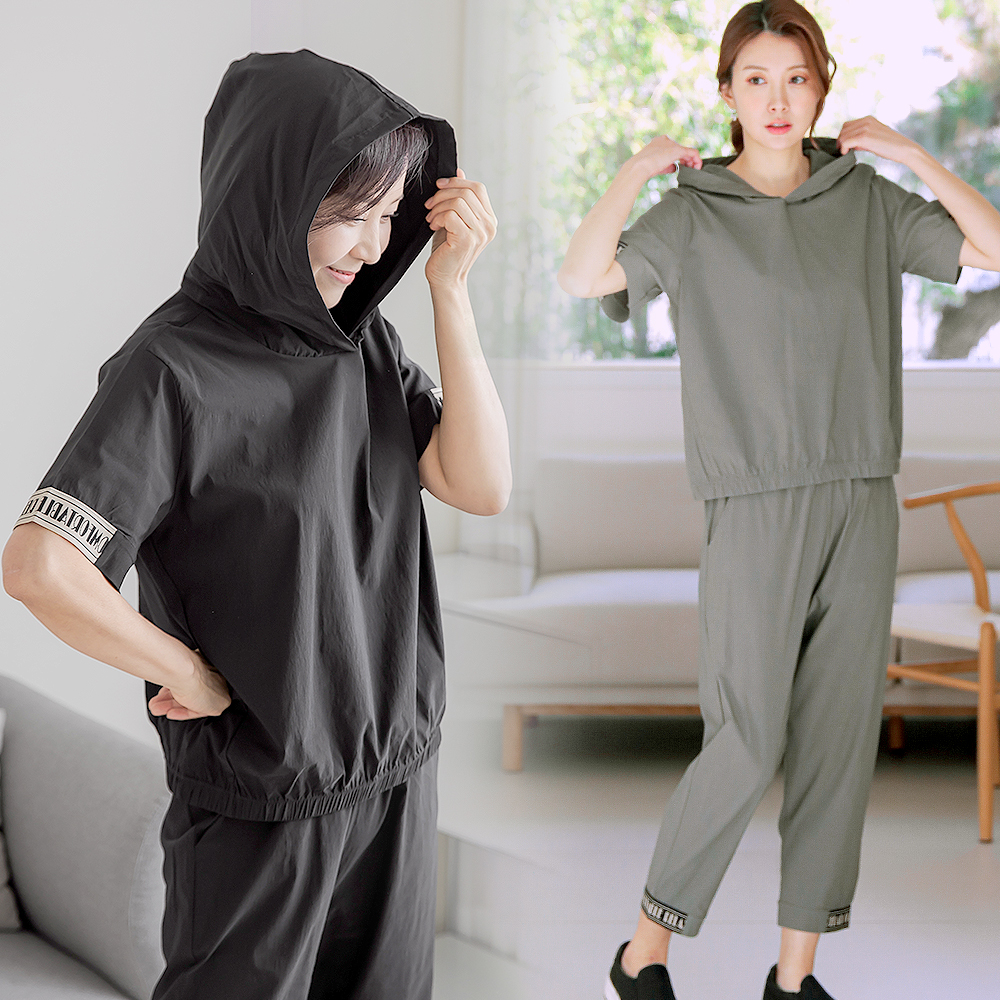 여성 여름 반팔 후드 셋업 릴렉스 인견 스판원단 밴딩 팬츠 바지 런닝복 운동복 상하 세트