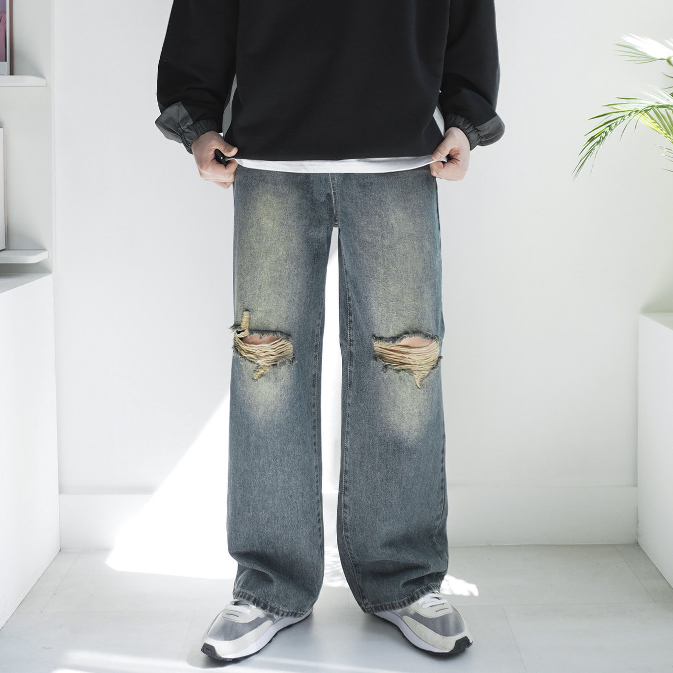 S -2XL 빈티지 청바지 워싱 데미지 찢청 와이드 데님 팬츠 숏 기본 롱 3단기장 5color - 상세 이미지 5