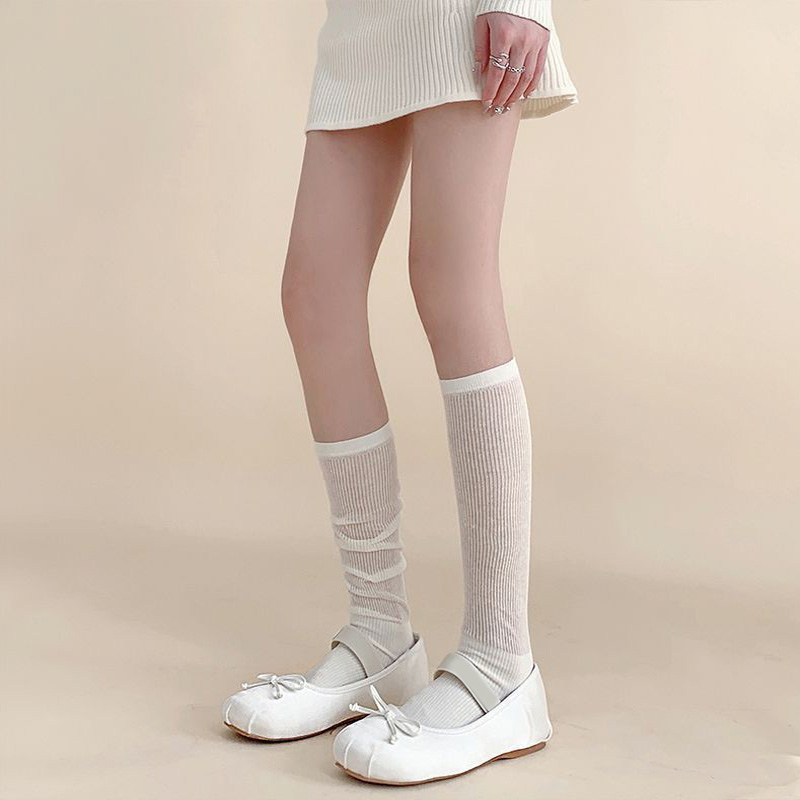 면 시스루양말 중목장목 가을 스타킹여성골지 학생무지 무압박 루즈삭스 긴목양말 - 상세 이미지 5