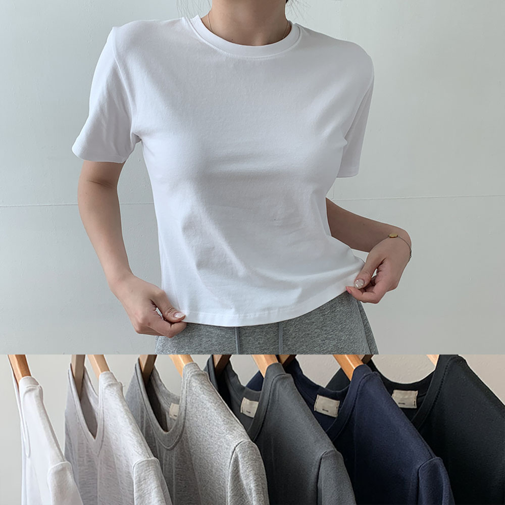 자체제작 슬림 세미 크롭 반팔 레이어드 이너 티셔츠 여자흰티 - 상품 이미지