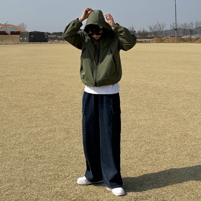 남자 드랜 봄 가을 3단기장 뒷밴딩 와이드 카고 데님 - 상세 이미지 5