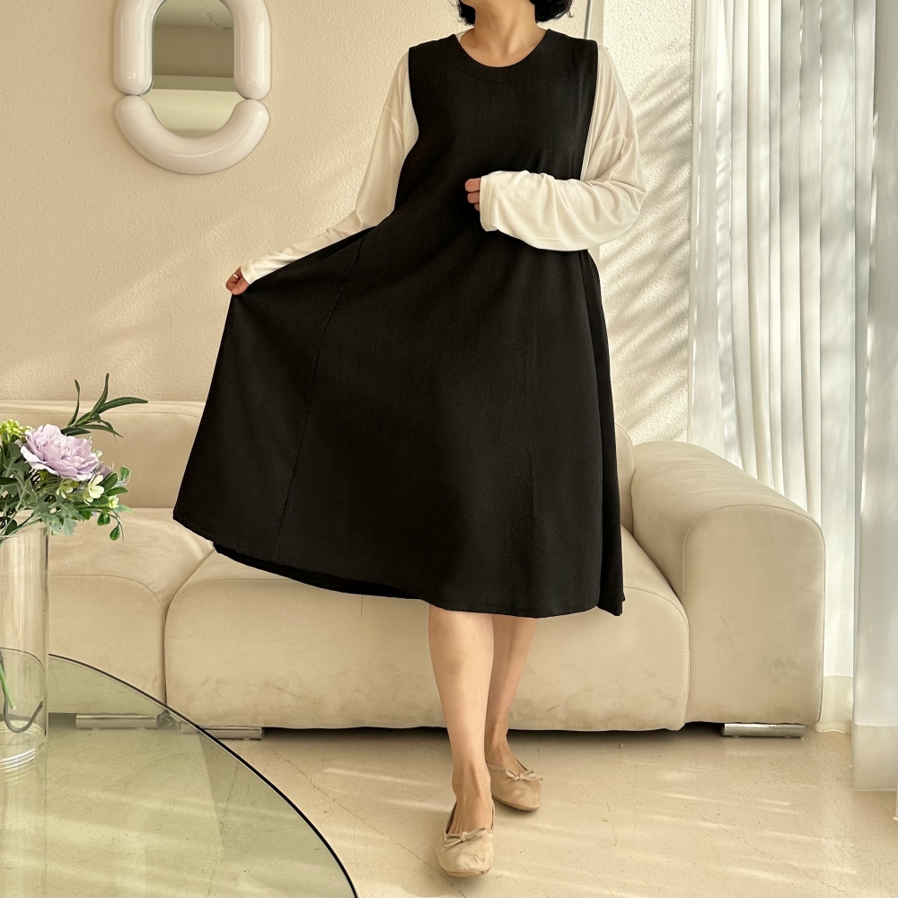 빅사이즈 자체제작 A라인 에이프런 셔링 원피스 뷔스티에 베스트 레이어드 린넨 쉬폰 체크