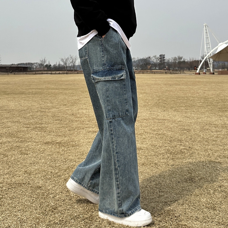 남자 드랜 봄 가을 3단기장 뒷밴딩 와이드 카고 데님 - 상세 이미지 3