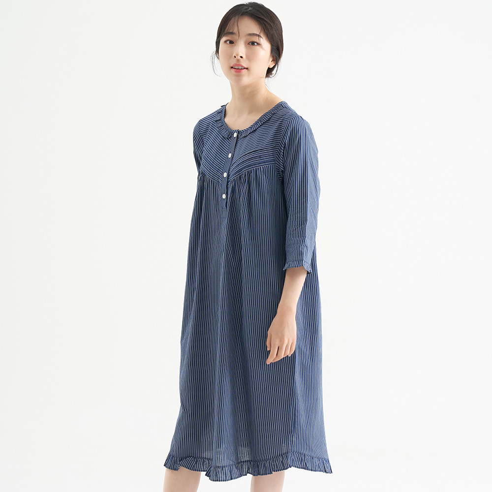 네이비ST 7부 순면 빅사이즈 여성 홈웨어 원피스 잠옷 이미지 3