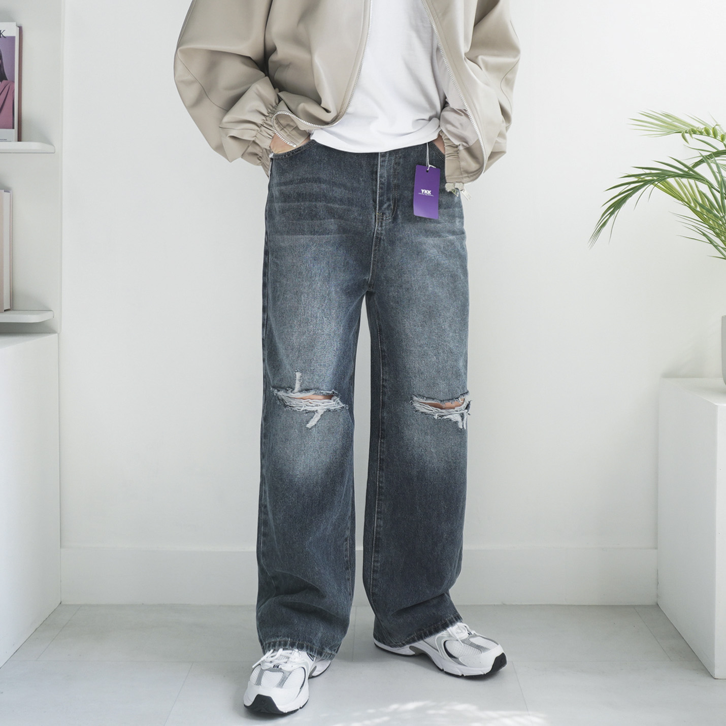S -2XL 빈티지 청바지 워싱 데미지 찢청 와이드 데님 팬츠 숏 기본 롱 3단기장 5color - 상세 이미지 3