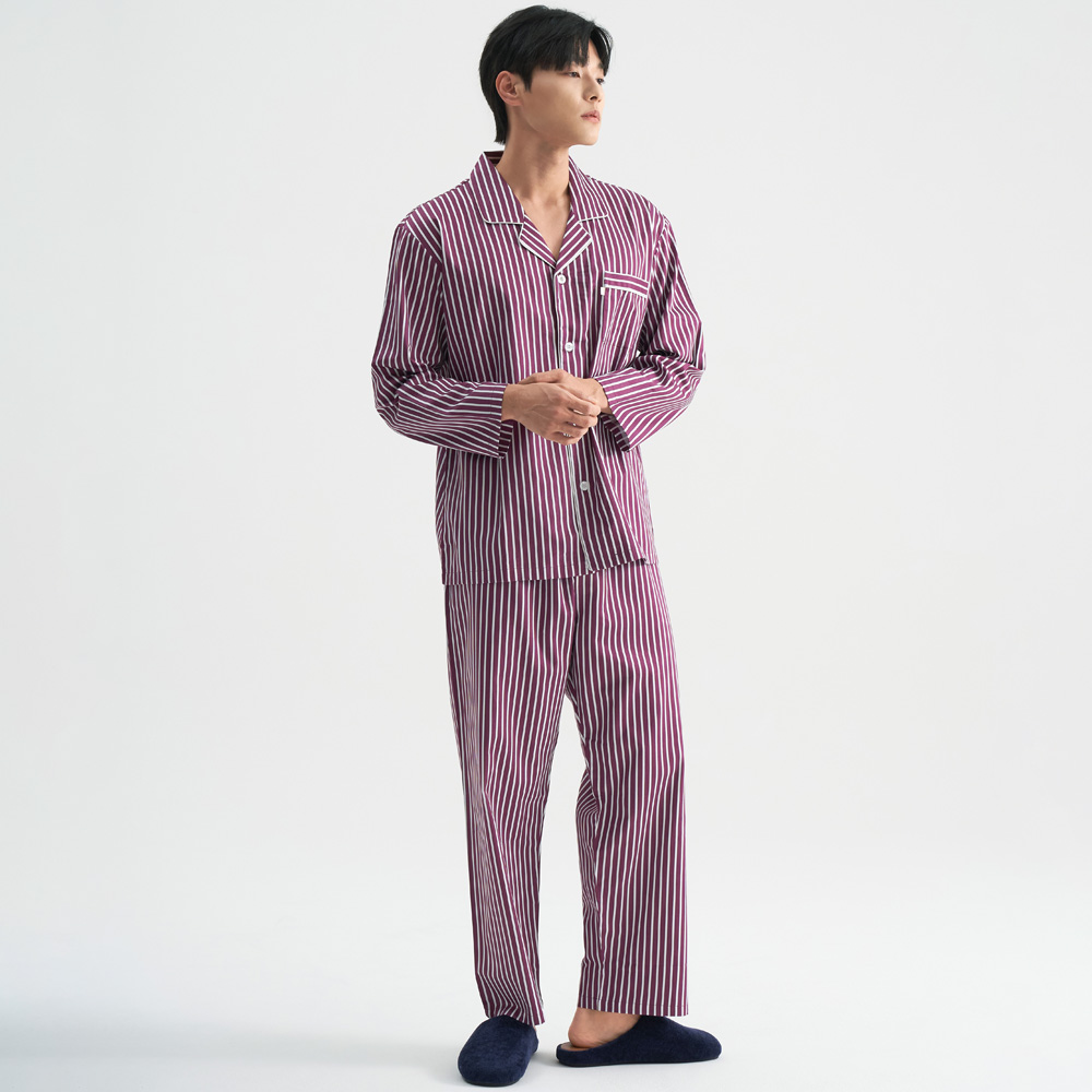와인ST 남성 긴팔 새틴 면 잠옷 홈웨어 파자마 세트 - 상세 이미지 3