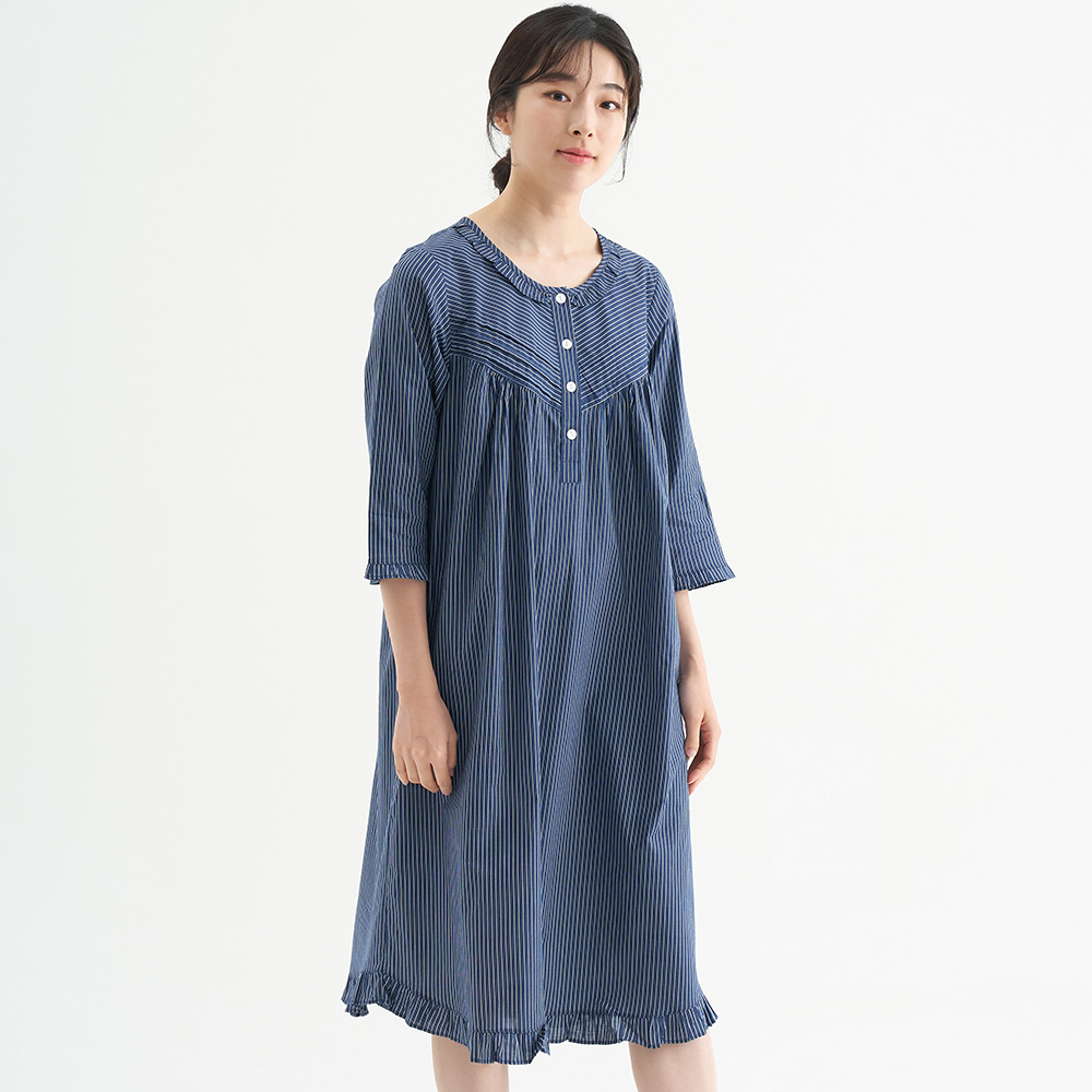 네이비ST 7부 순면 빅사이즈 여성 홈웨어 원피스 잠옷 이미지 2