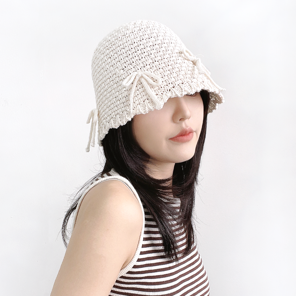 리본 웨이브 밀짚 펀칭 니트 여름 여성 벙거지모자 버킷햇