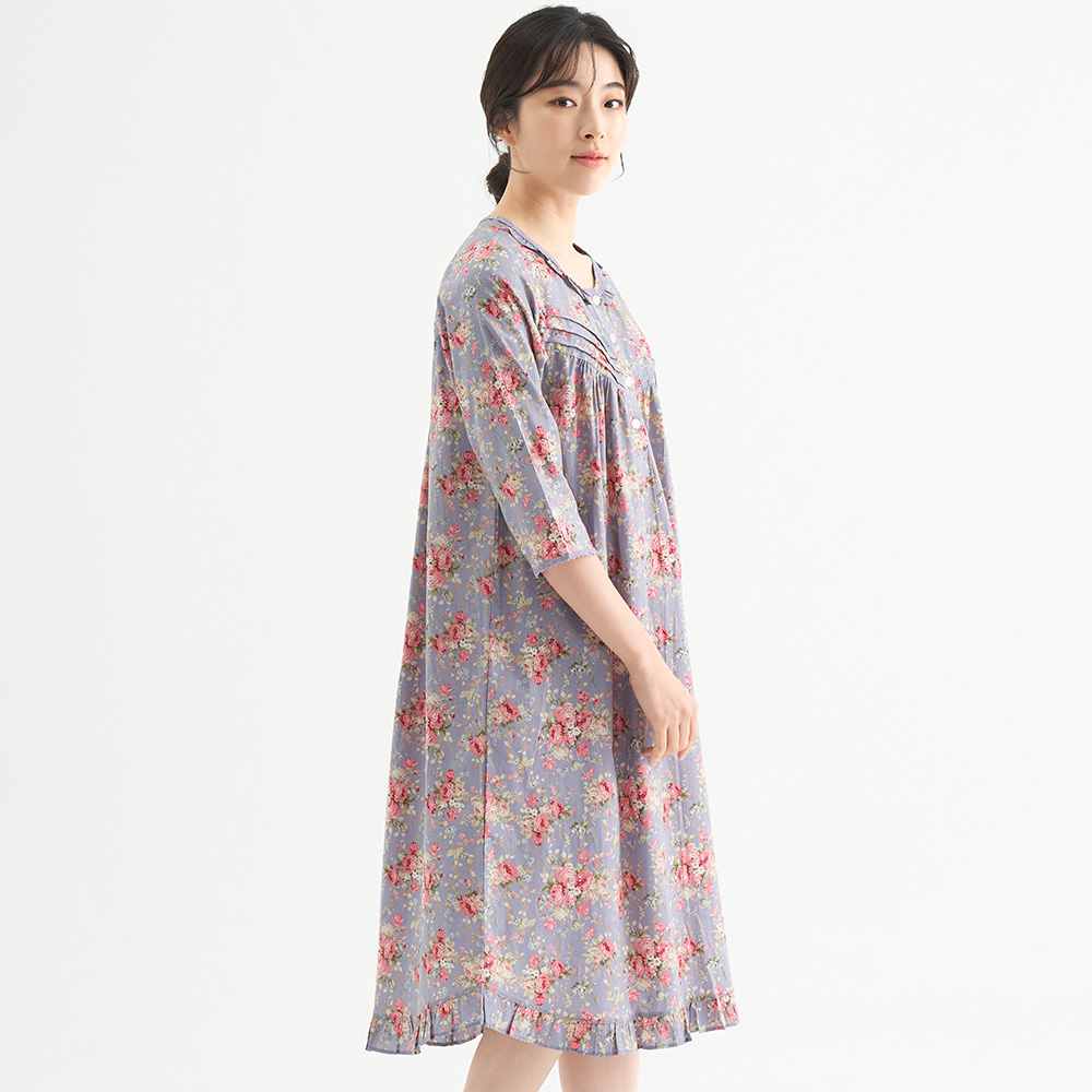연보라장미 7부 순면 빅사이즈 여성 홈웨어 원피스 잠옷 이미지 3