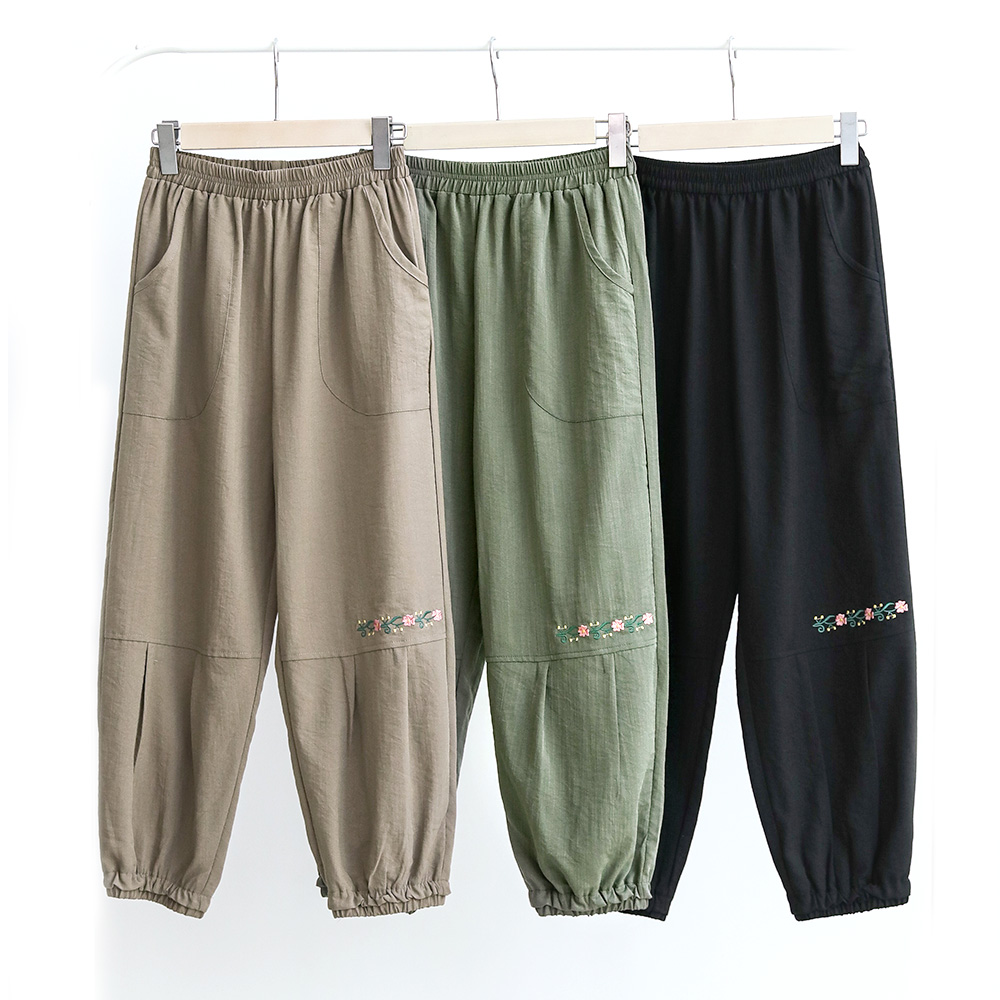 여성 인견 자수 항아리바지 밴딩 8부 고쟁이 몸빼 바지 체형커버 팬츠 플라워패턴 절복 하의 법복 - 상세 이미지 5