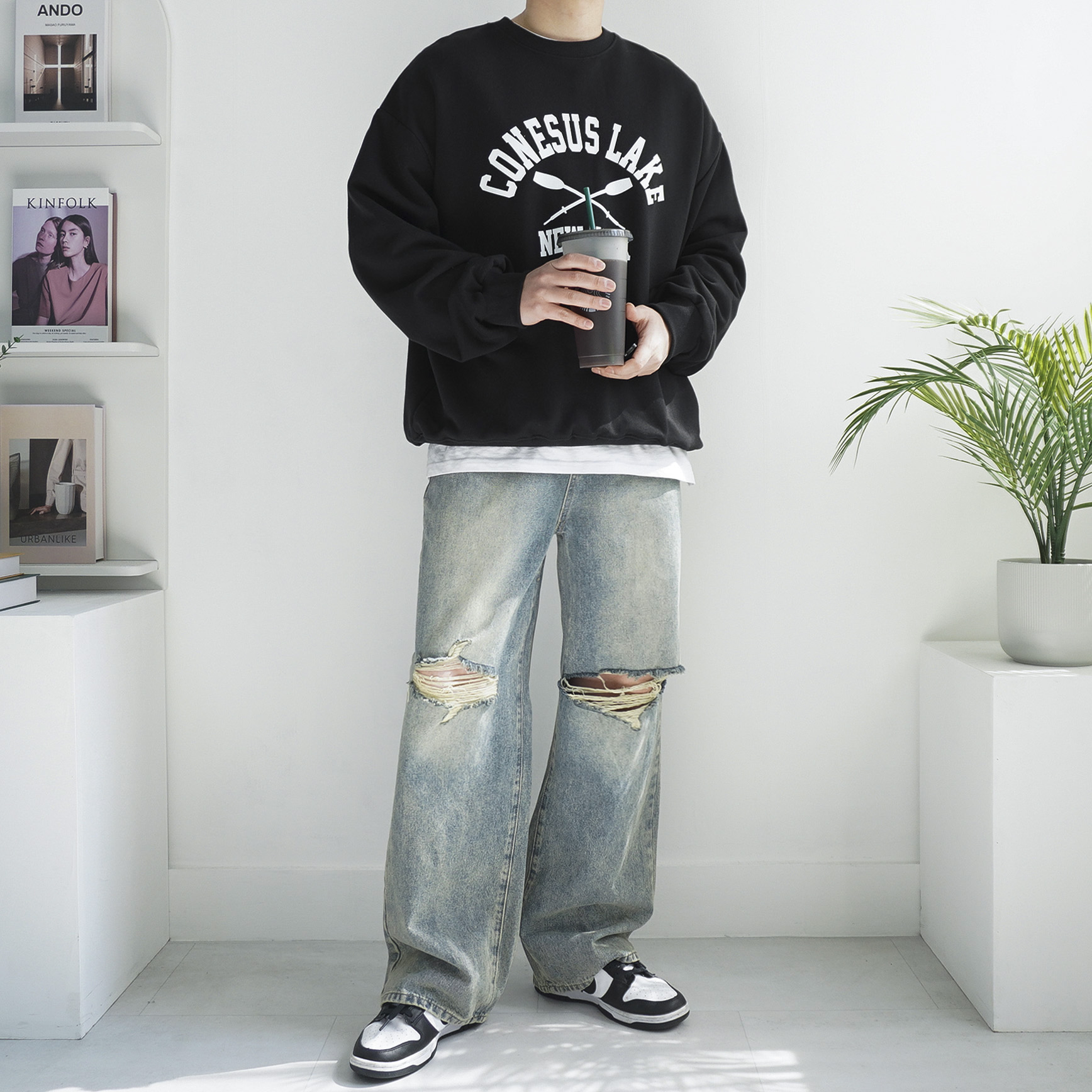 S -2XL 빈티지 청바지 워싱 데미지 찢청 와이드 데님 팬츠 숏 기본 롱 3단기장 5color - 상세 이미지 2
